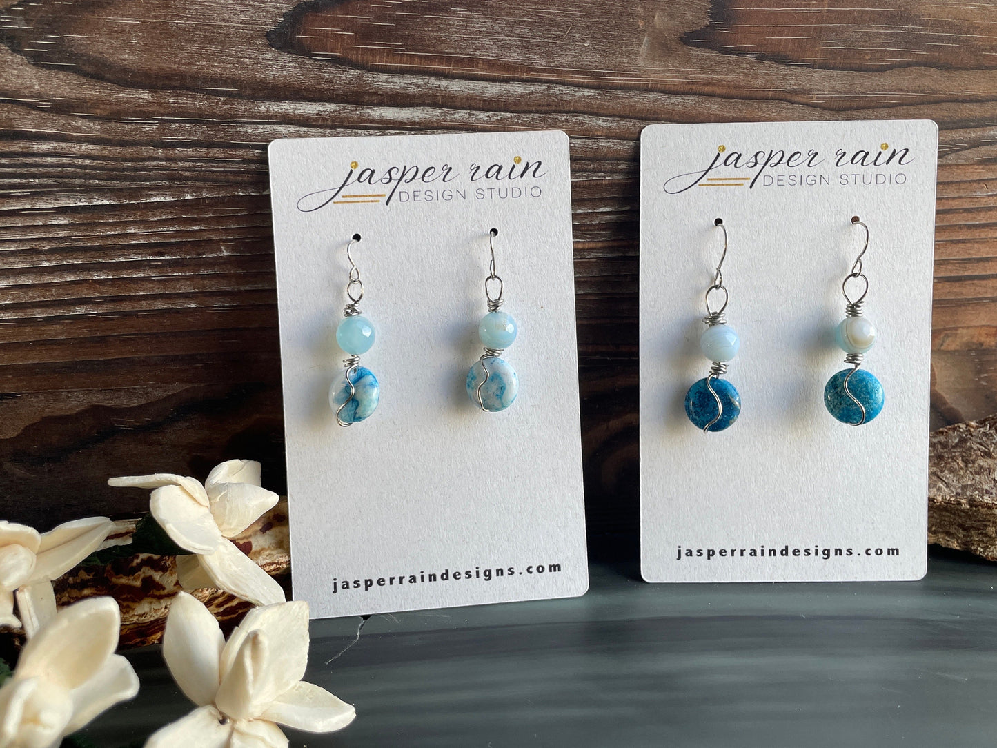 Blue agate and howlite gemstone earrings. Wire-wrapped in stainless steel. Handmade drop earrings.