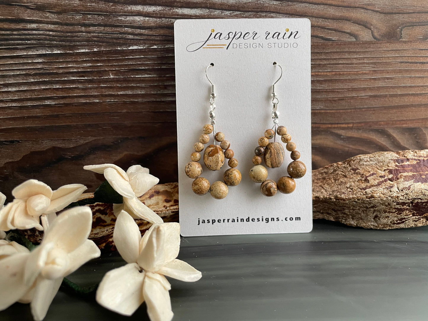 Natural Picture Jasper gemstone loop earrings, handmade drop earrings, silver plated earring wires