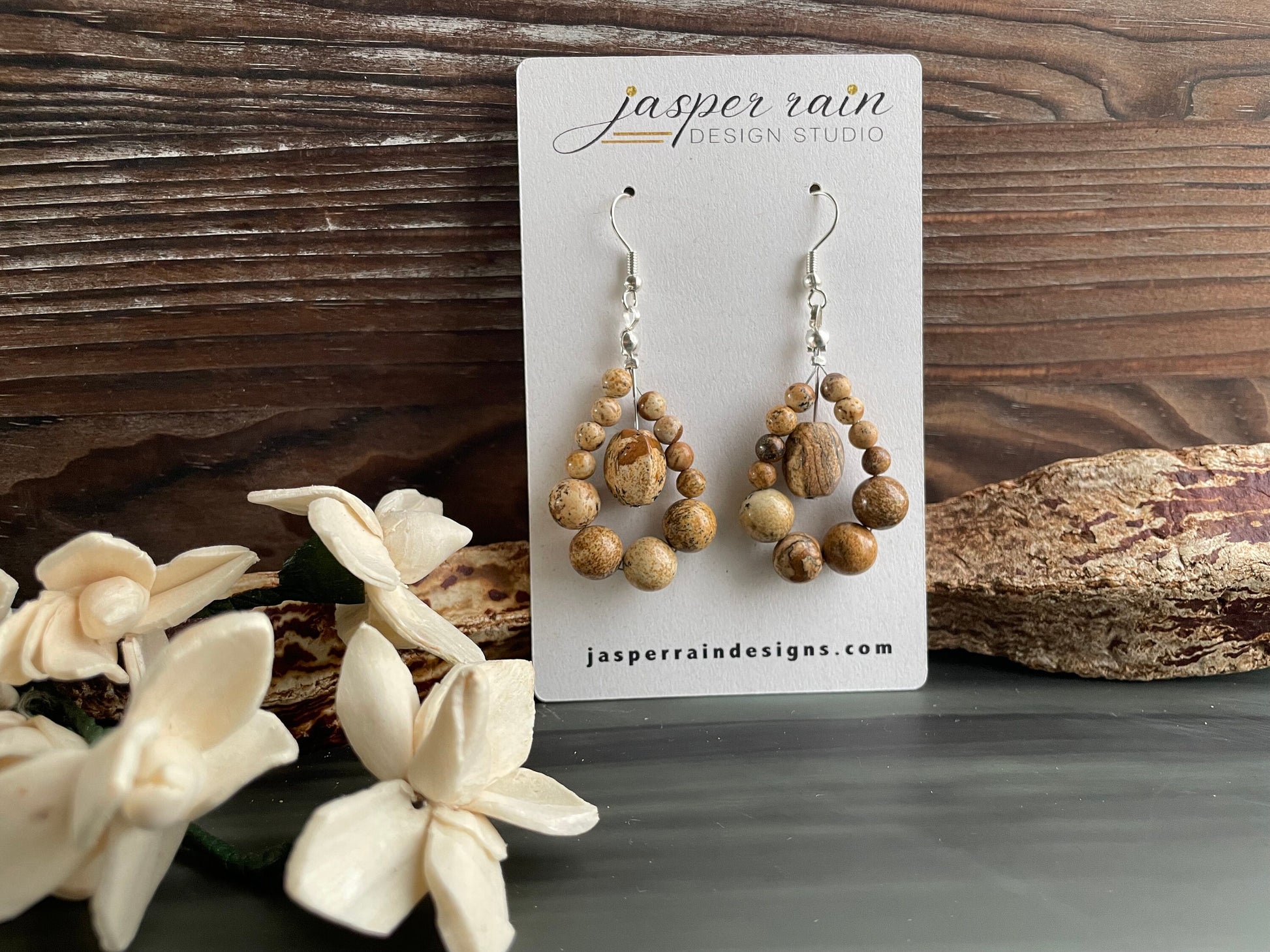 Natural Picture Jasper gemstone loop earrings, handmade drop earrings, silver plated earring wires