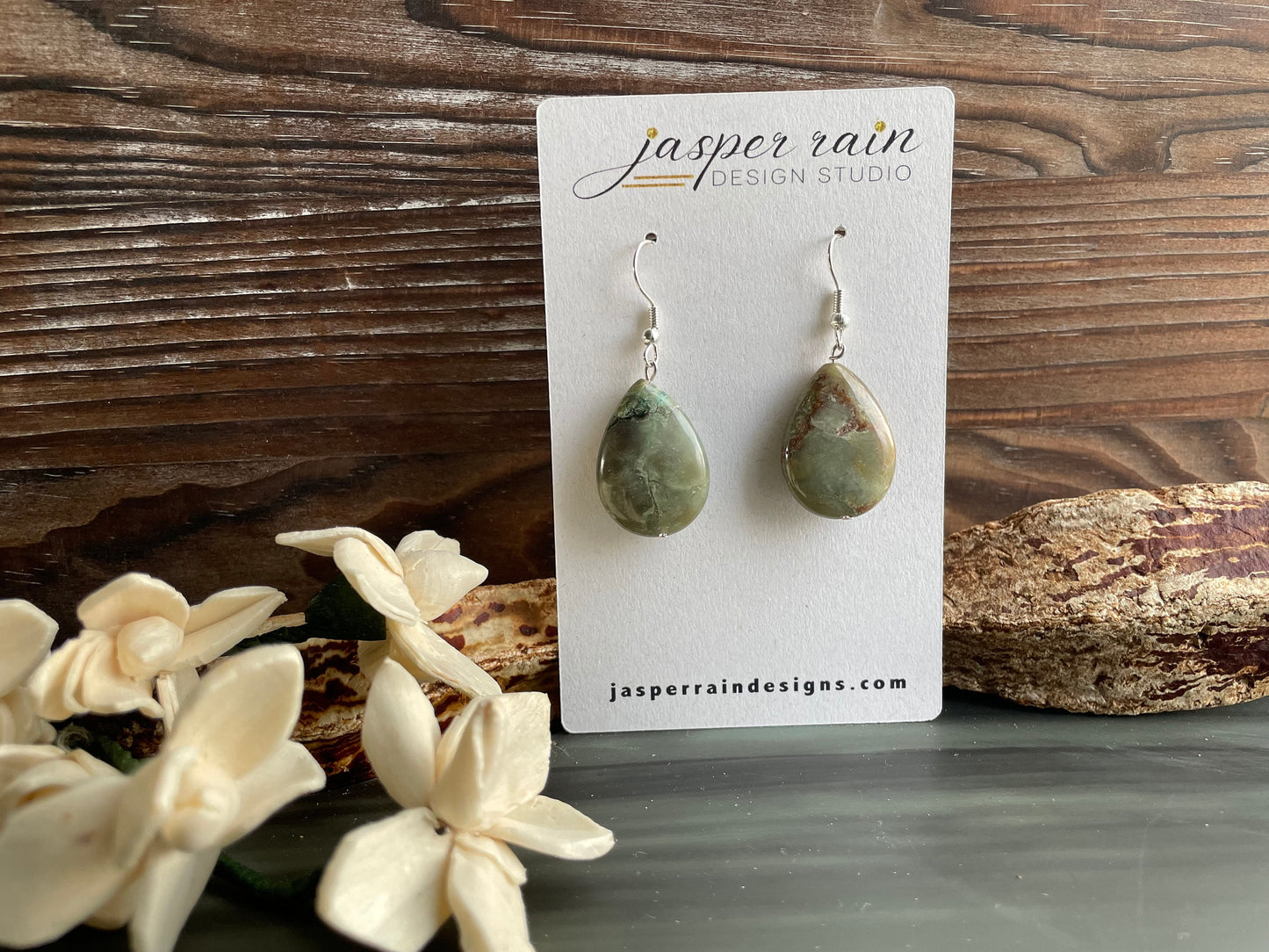 Natural Rainforest Jasper (Rhyolite) teardrop earrings. Handmade drop earrings. Rare gemstones.