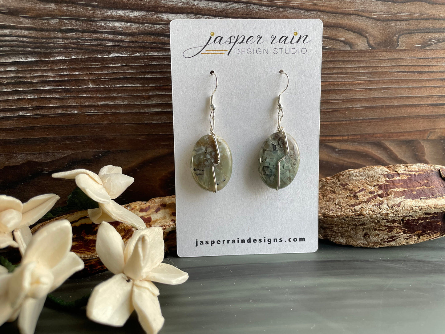 Natural Rainforest Jasper (Rhyolite) handmade drop earrings. Wire-wrapped in silver. Rare gemstones.
