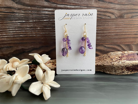 Natural amethyst and gold chain dangle earrings