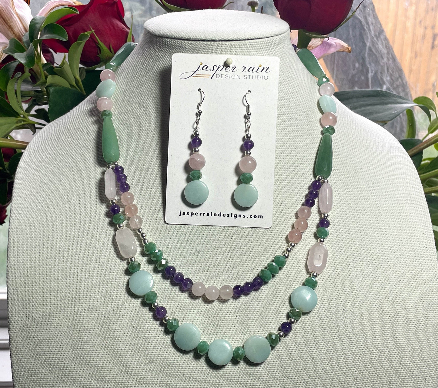 ONE-OF-A-KIND Handmade gemstone necklace and earring set featuring Amazonite, Crystal, Amethyst, Jade, and Rose quartz gemstones