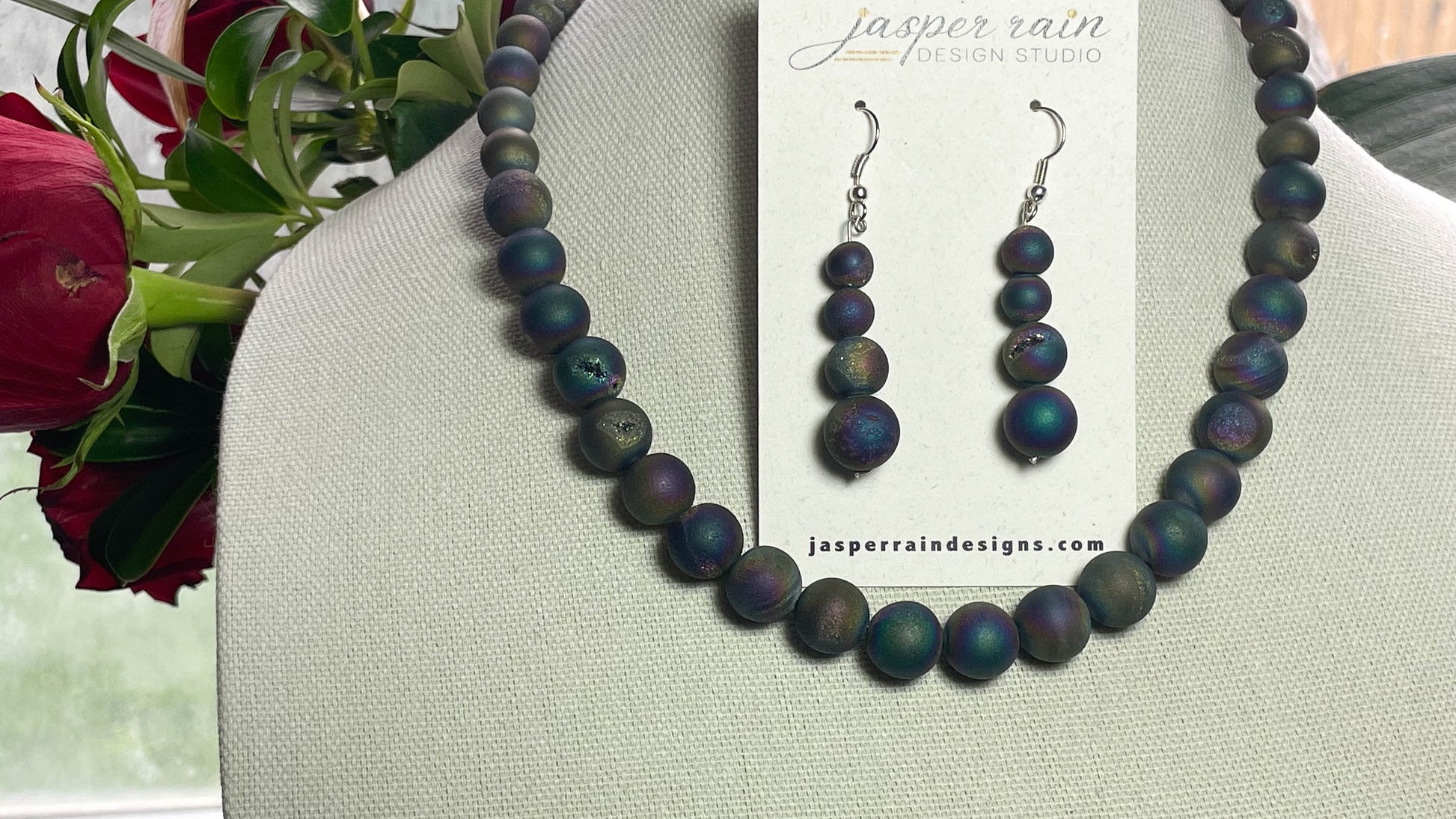 Stunning rainbow druzy necklace, big bold beads with crystals