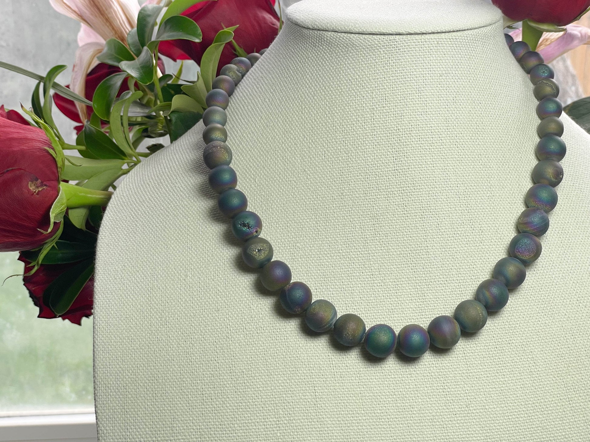Stunning rainbow druzy necklace, big bold beads with crystals