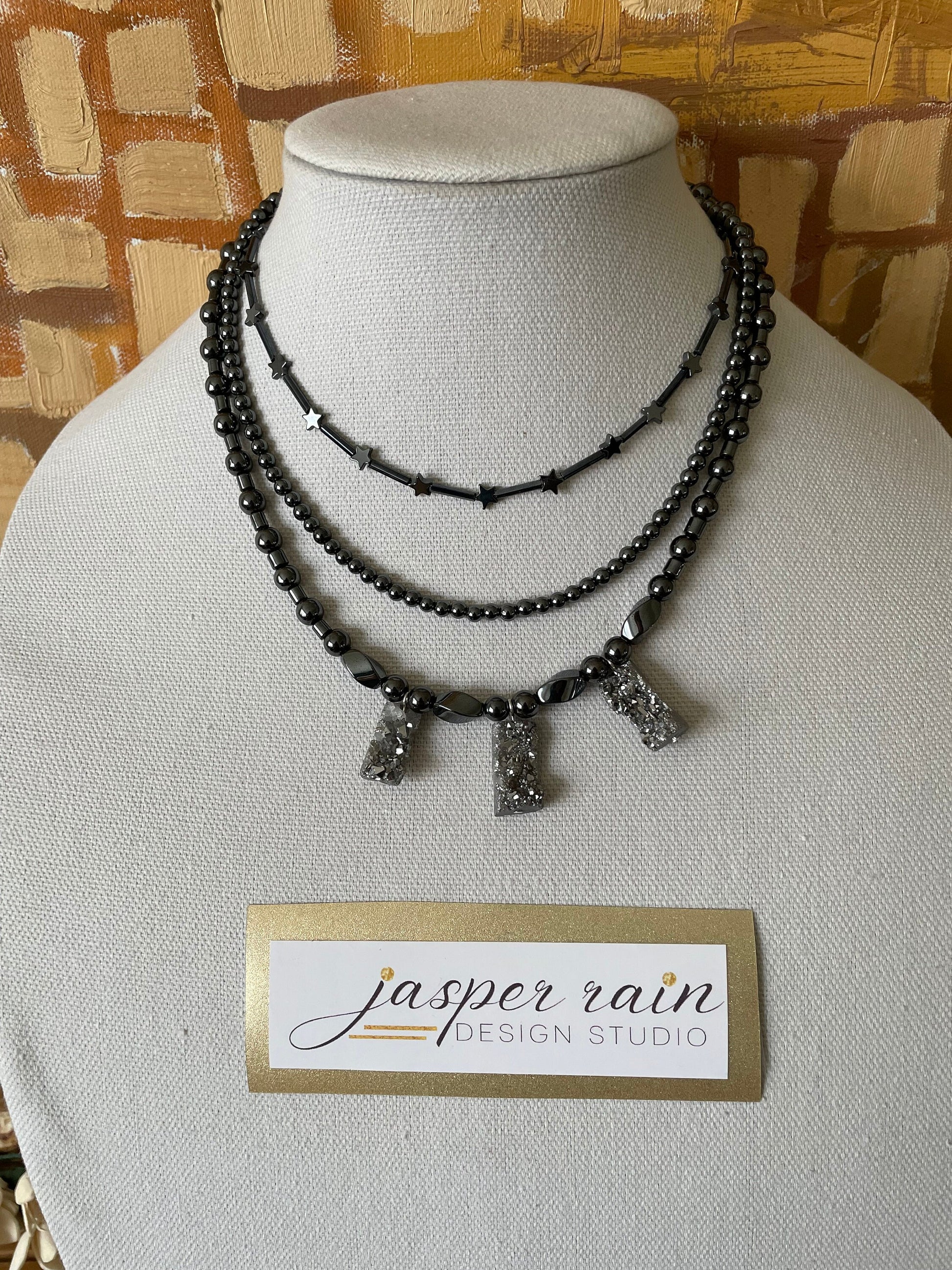 Platinum Druzy and Hematite layered necklace- One Of A Kind