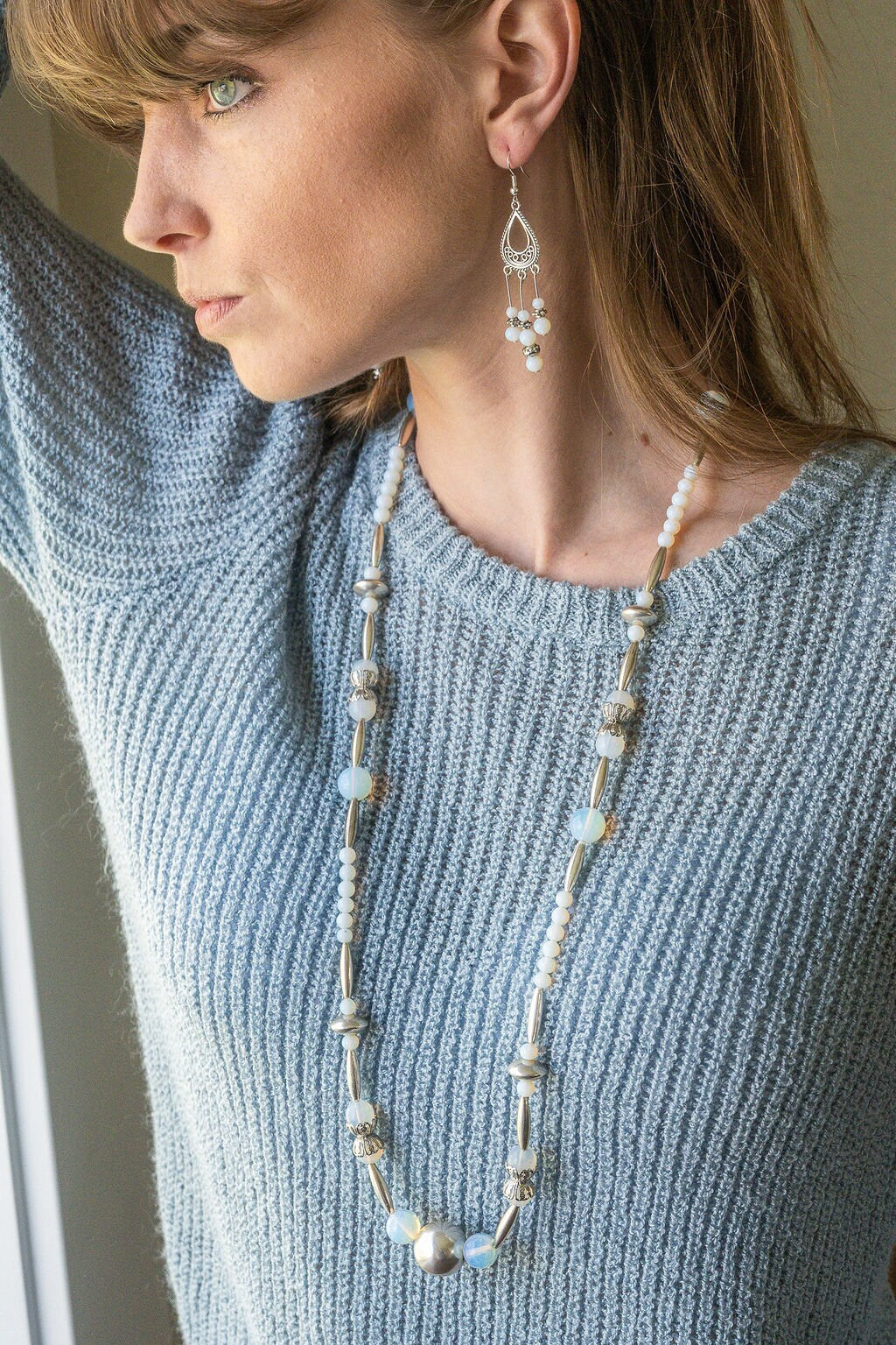 Opalite and stainless steel necklace, a handmade long beaded necklace