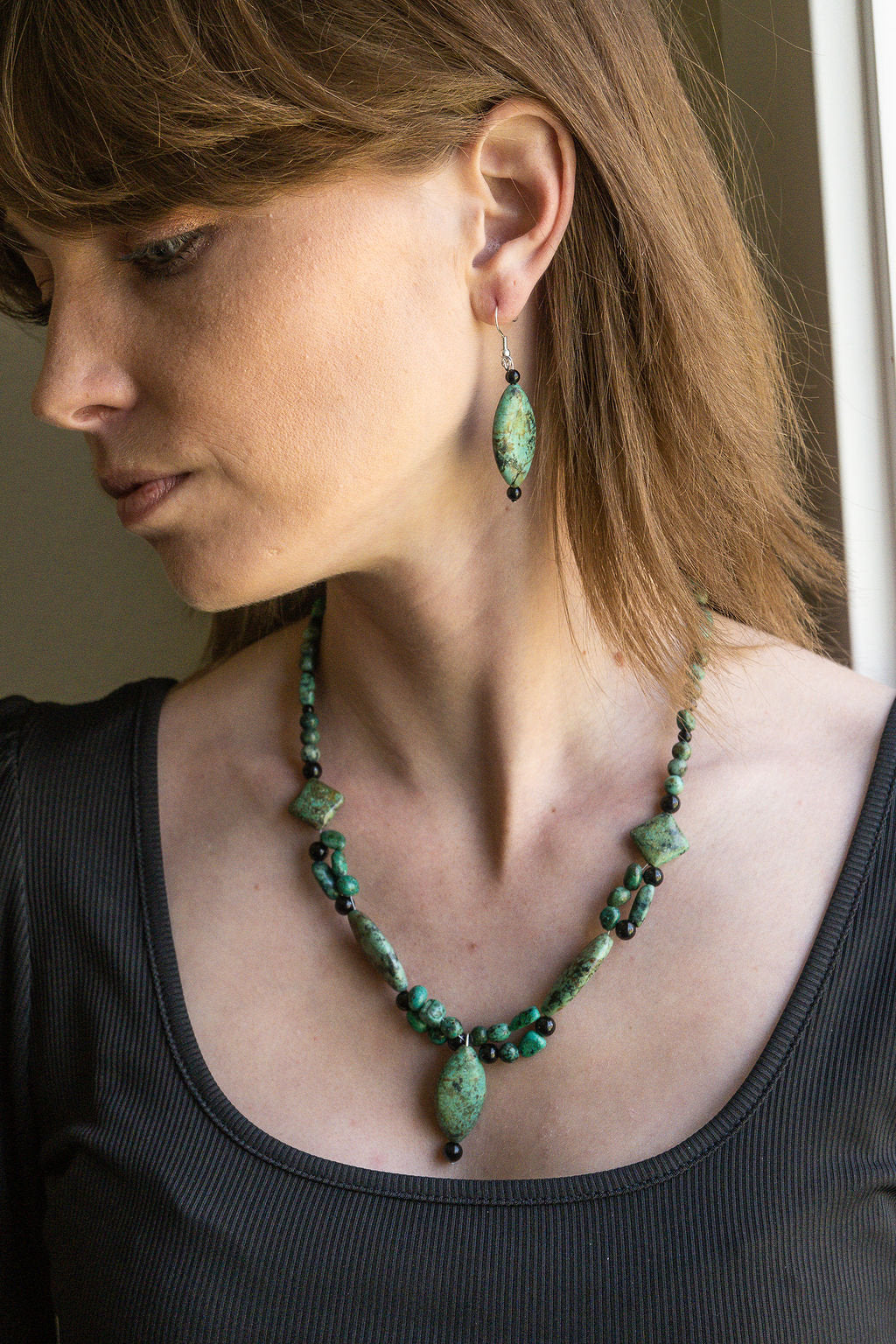 Handmade African Turquoise and black onyx drop earrings