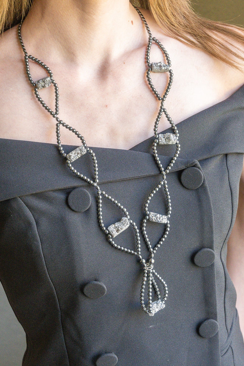 Platinum Druzy and Hematite long-length necklace - One of a kind