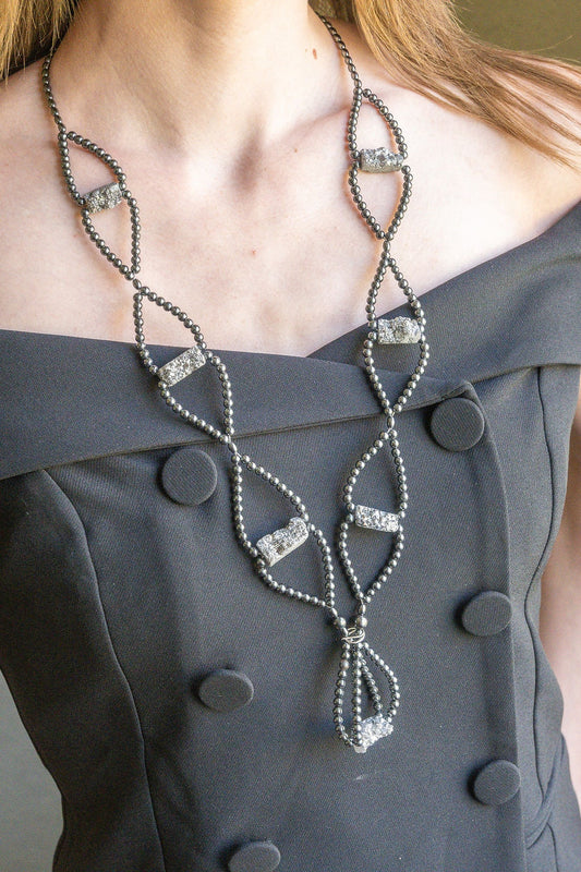 Platinum Druzy and Hematite long-length necklace - One of a kind