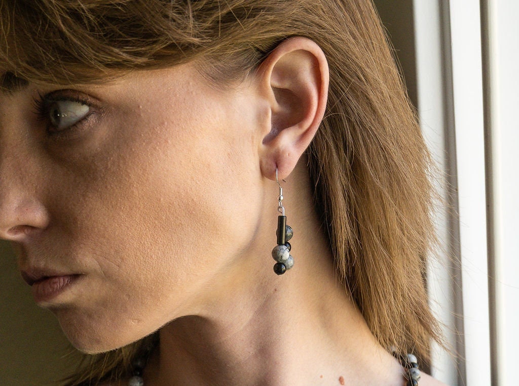 Silver Crazy Lace Agate and Black Onyx drop earrings