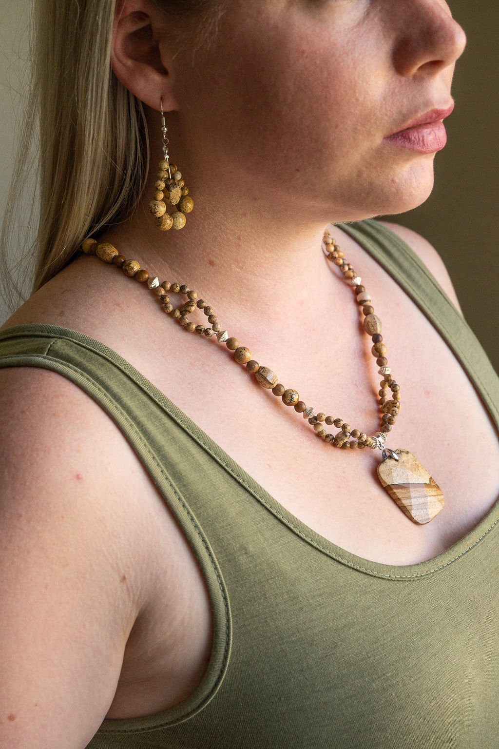 Natural Picture Jasper gemstone loop earrings, handmade drop earrings, silver plated earring wires