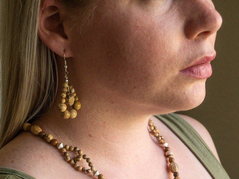 Natural Picture Jasper gemstone loop earrings, handmade drop earrings, silver plated earring wires