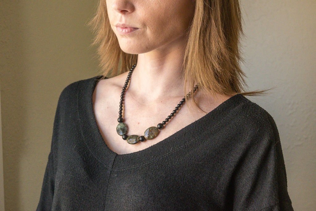 Eye-catching natural Rainforest Jasper and Black onyx necklace: handmade
