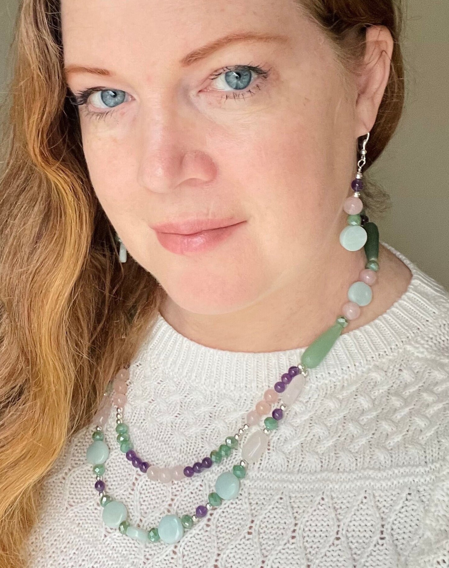 ONE-OF-A-KIND Handmade gemstone necklace and earring set featuring Amazonite, Crystal, Amethyst, Jade, and Rose quartz gemstones