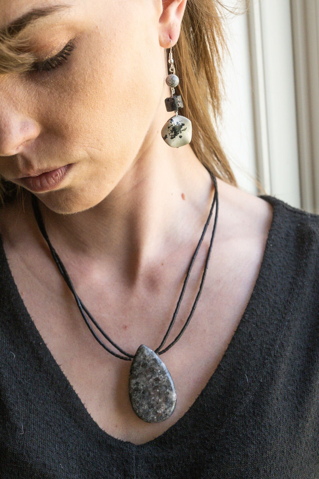 Black Labradorite/Larvikite pendant necklace with black Thai heishi beads: handmade