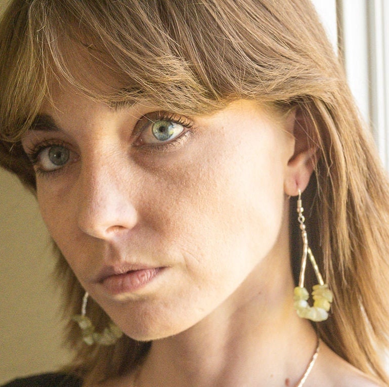 Gemstone drop earrings with prehnite chips and stainless steel beads.