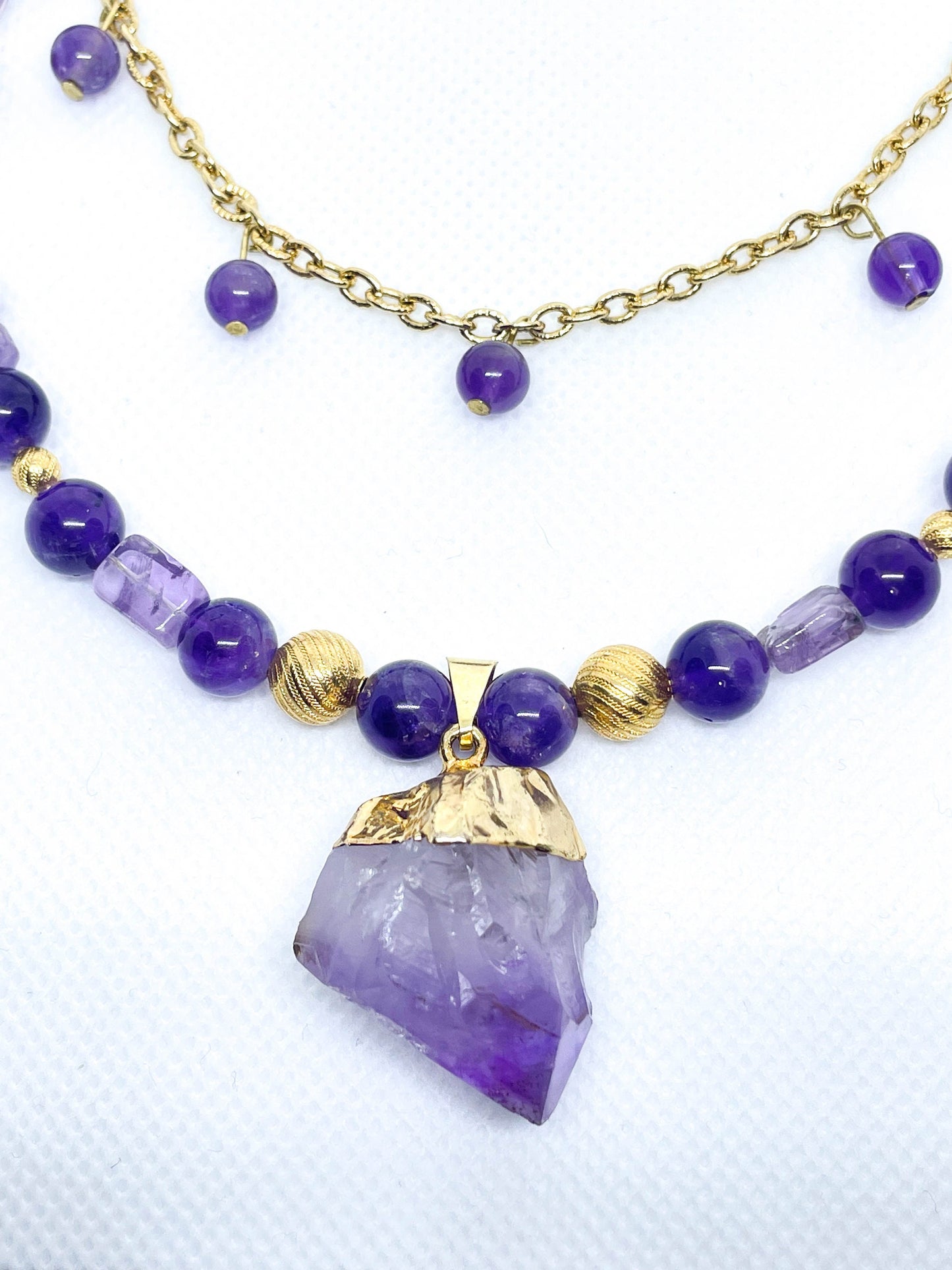 Natural Amethyst crystal layered druzy pendant necklace/handmade/ February Birthstone