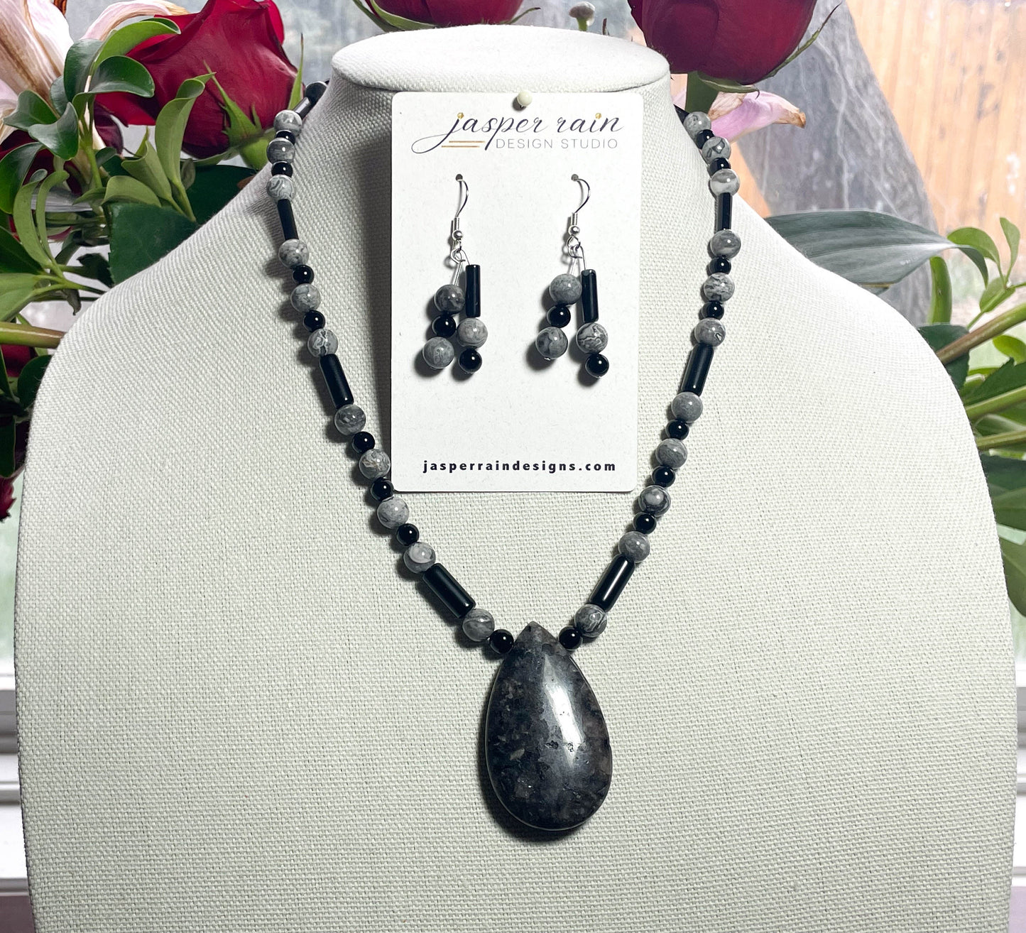 Black Labradorite/Larvikite pendant necklace with black onyx and silver crazy lace agate: handmade
