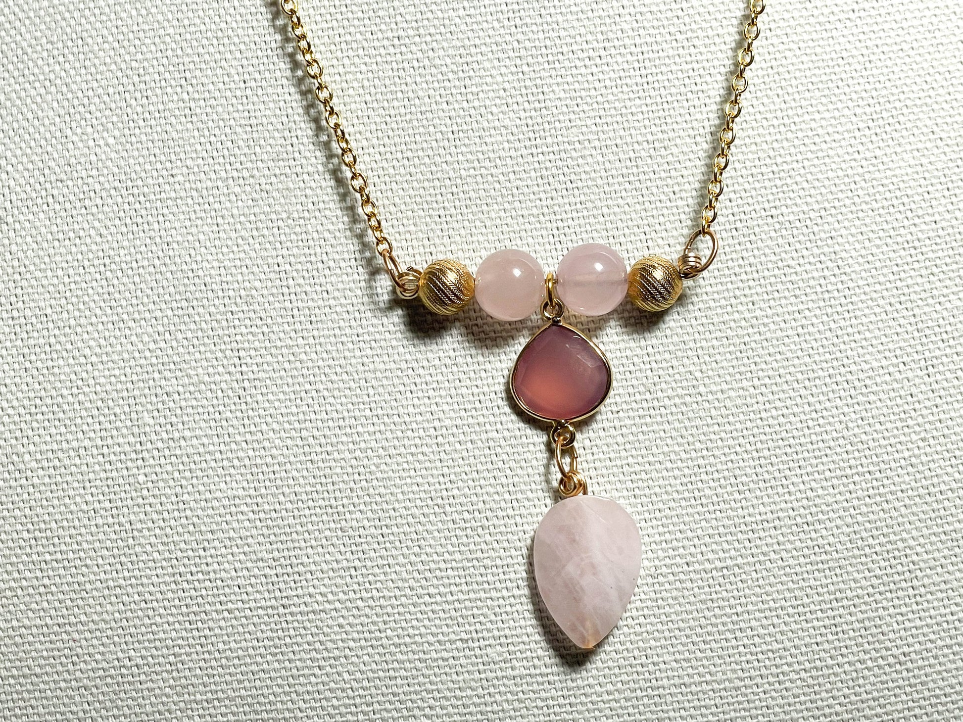 Rose Quartz Leaf and light pink chalcedony pendant necklace