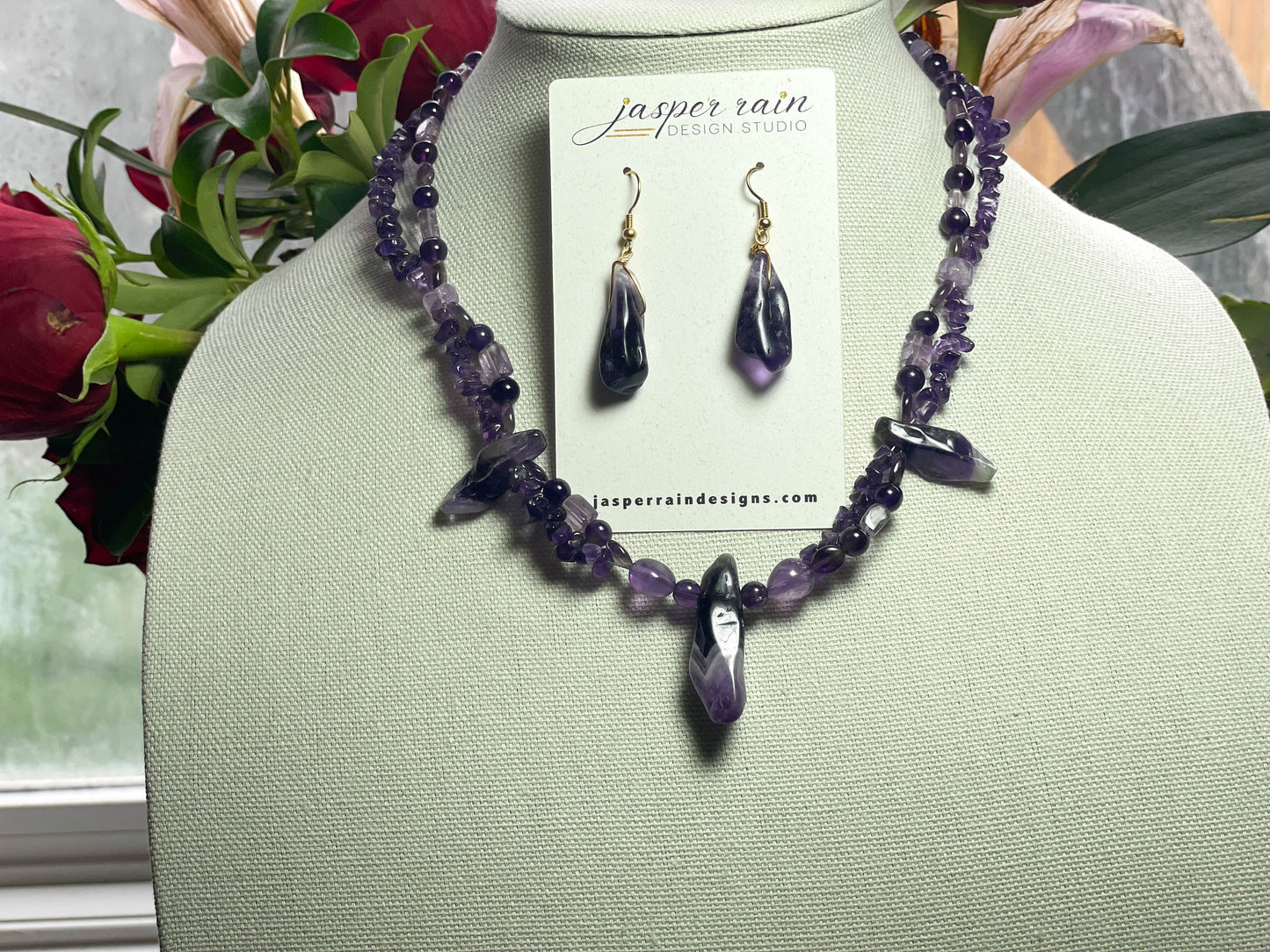 Handmade natural Amethyst gemstone necklace and earrings set -ONE-OF-A-KIND