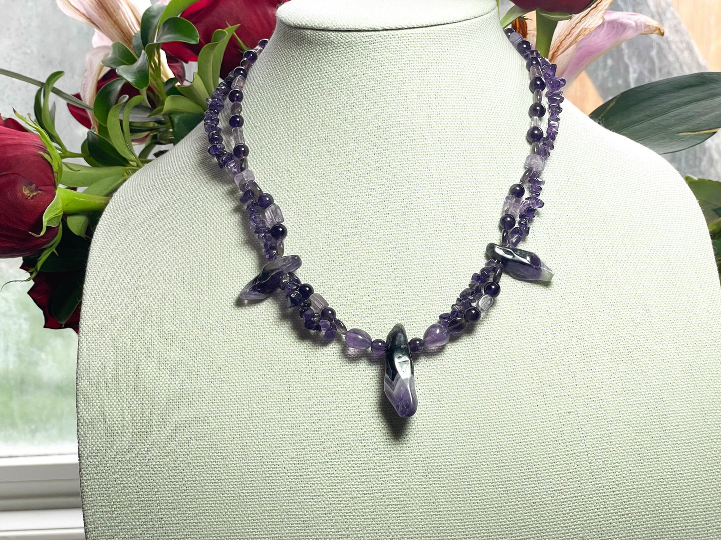 Handmade natural Amethyst gemstone necklace and earrings set -ONE-OF-A-KIND