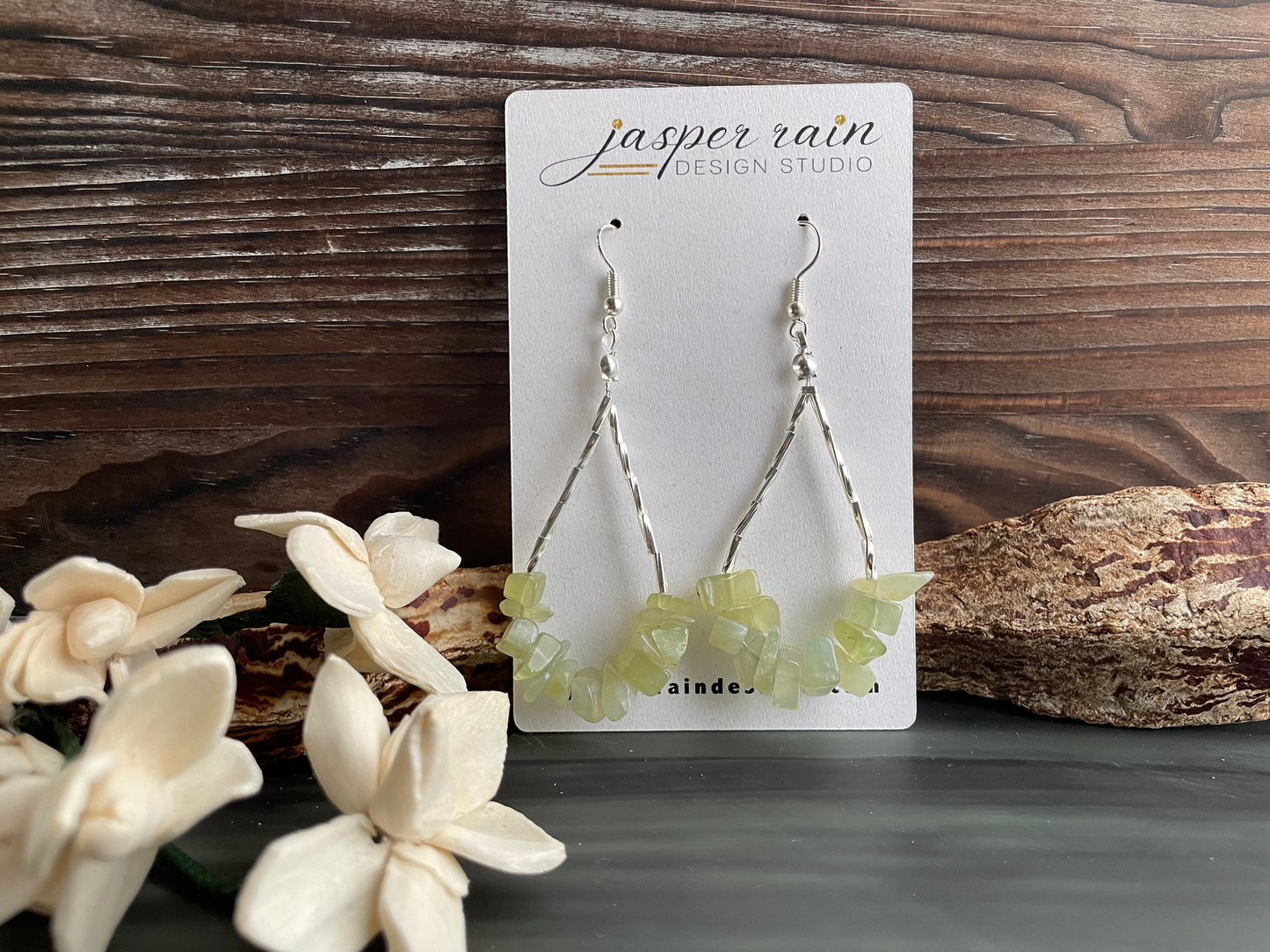 Gemstone drop earrings with prehnite chips and stainless steel beads.