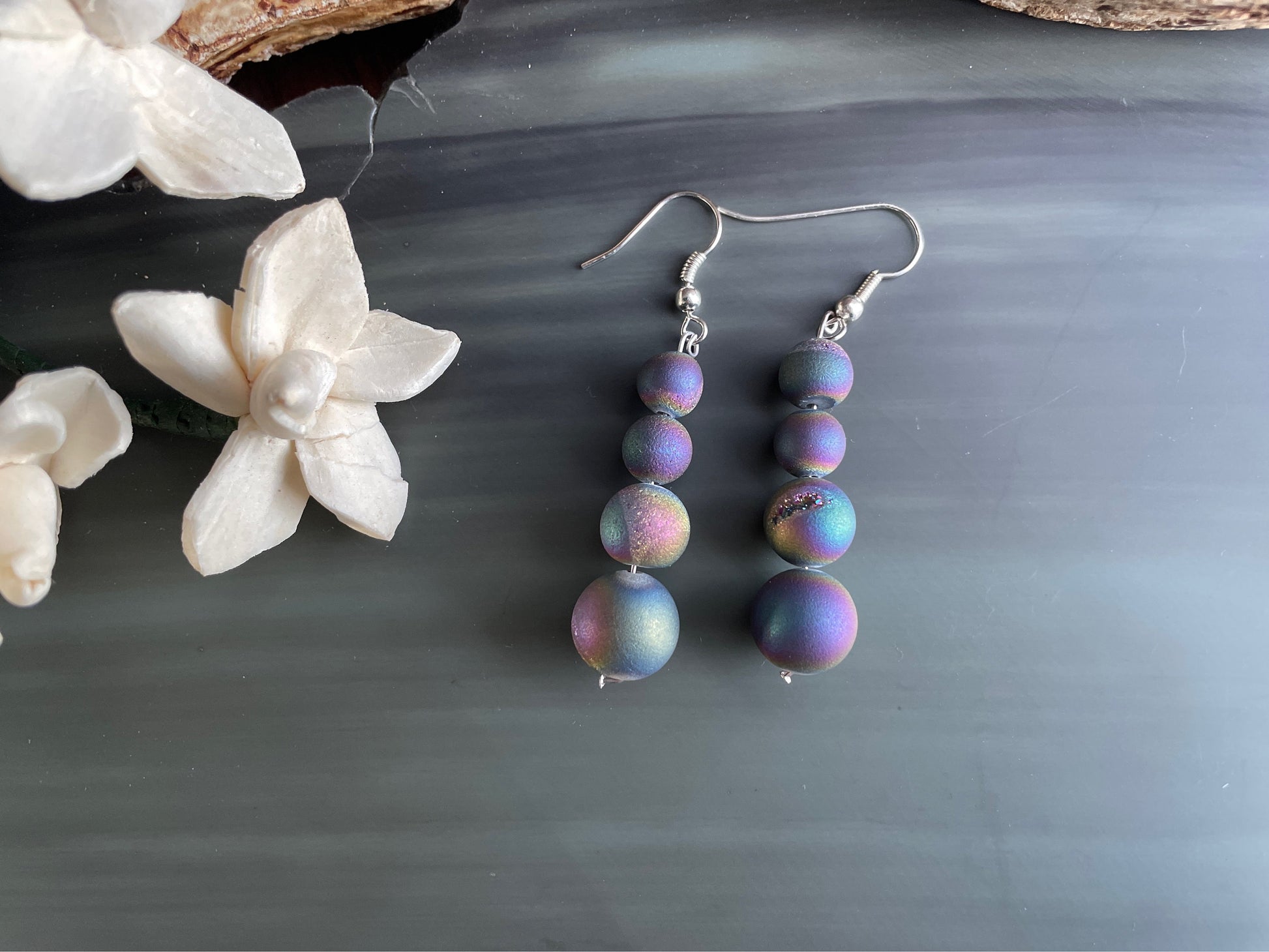 Rainbow druzy gemstone earrings. Bold and beautiful handmade drop earrings.