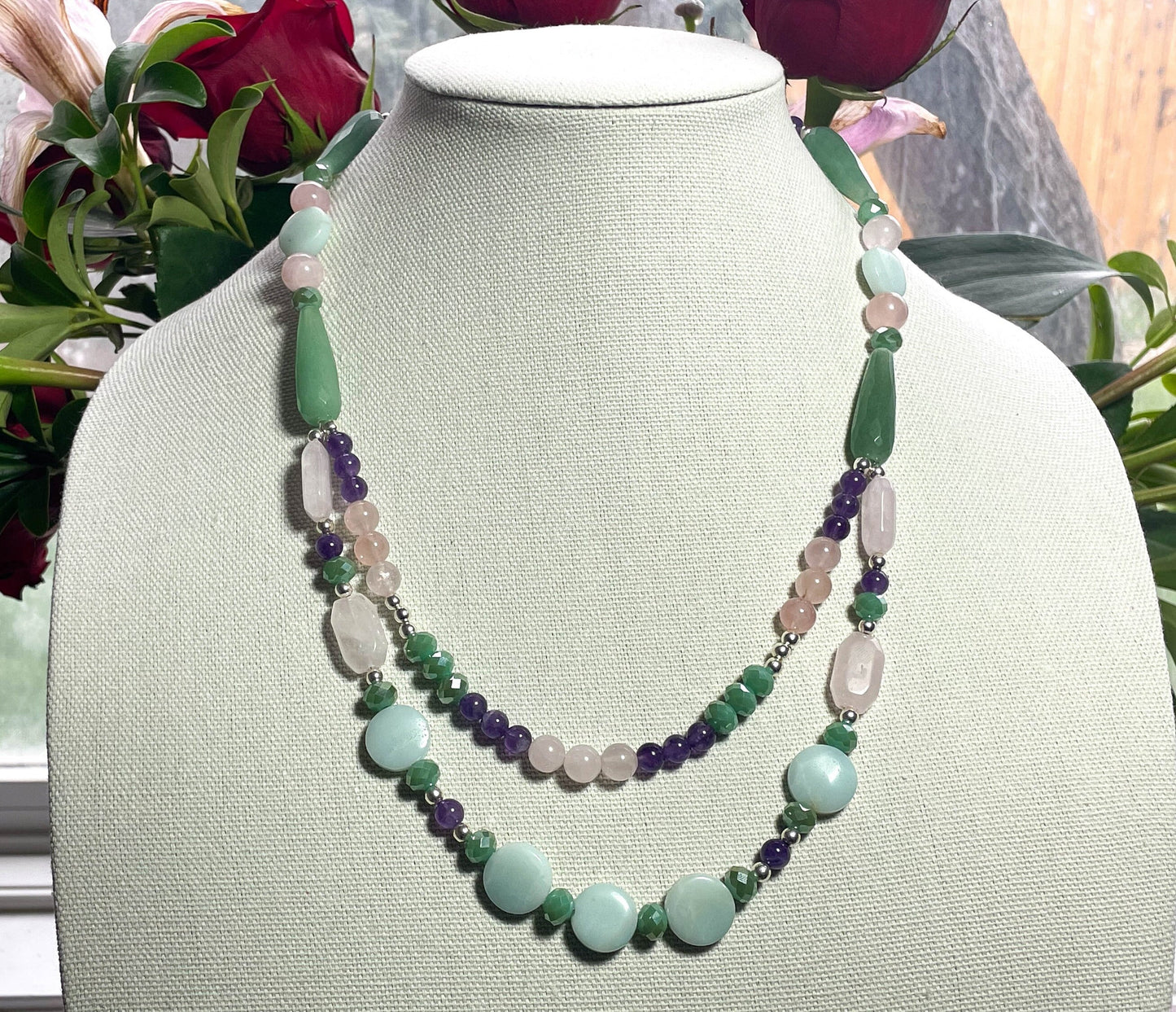 ONE-OF-A-KIND Handmade gemstone necklace and earring set featuring Amazonite, Crystal, Amethyst, Jade, and Rose quartz gemstones