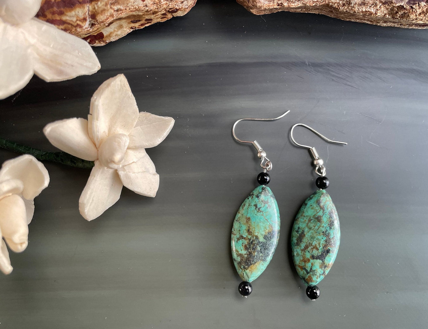 Handmade African Turquoise and black onyx drop earrings