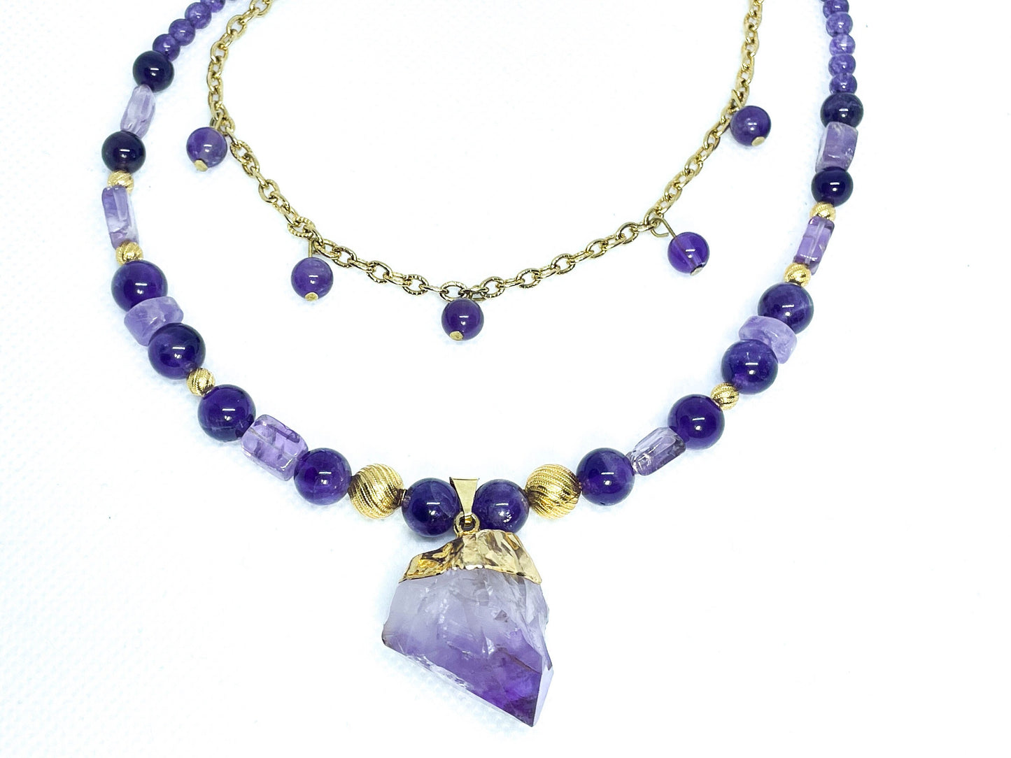 Natural Amethyst crystal layered druzy pendant necklace/handmade/ February Birthstone