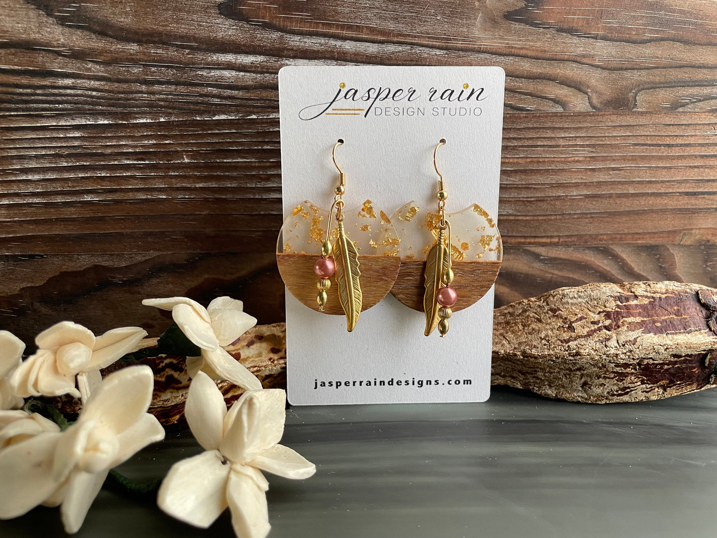 Wood, resin with gold flakes, pearl and gold feather earrings