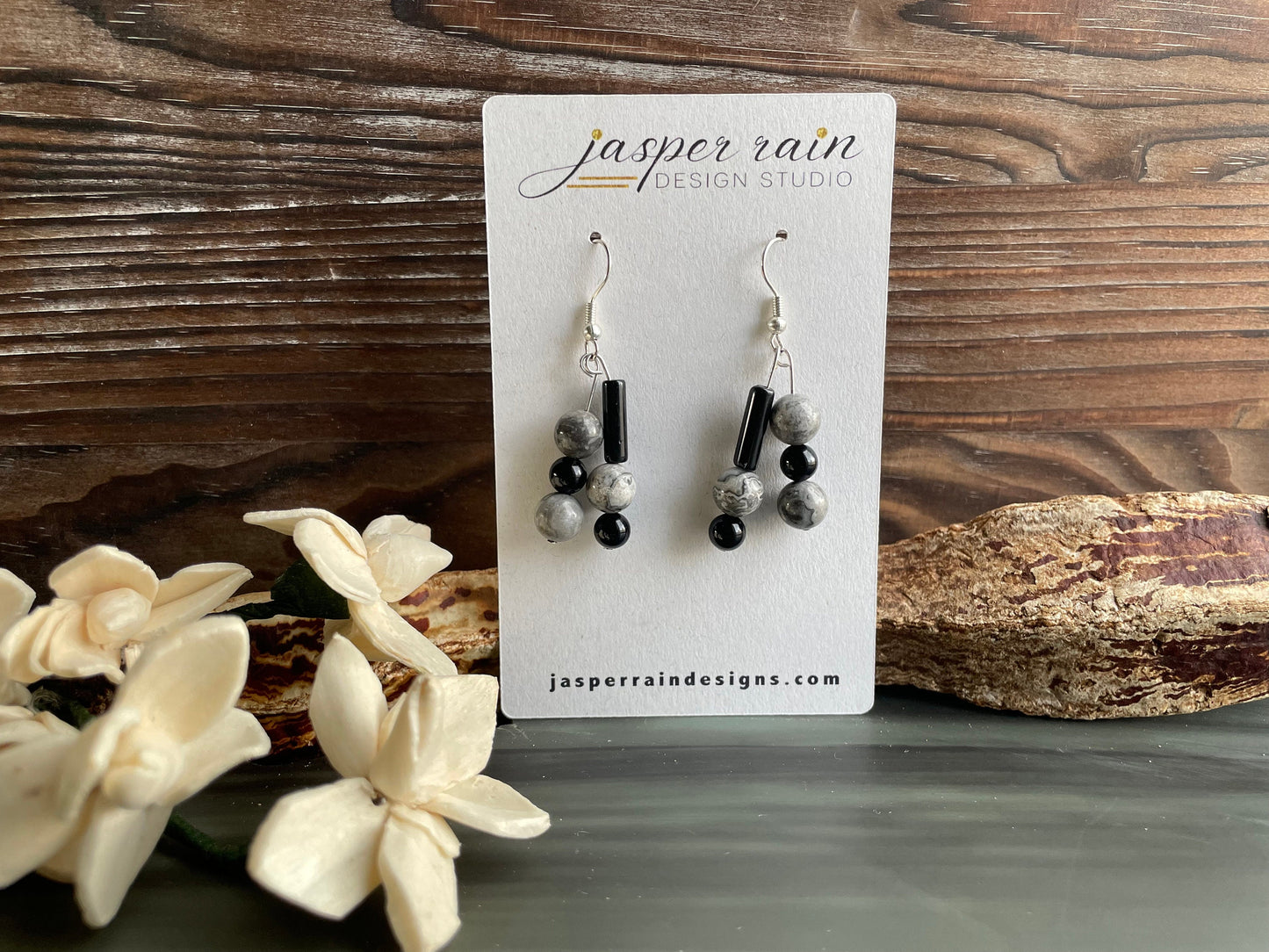 Silver Crazy Lace Agate and Black Onyx drop earrings