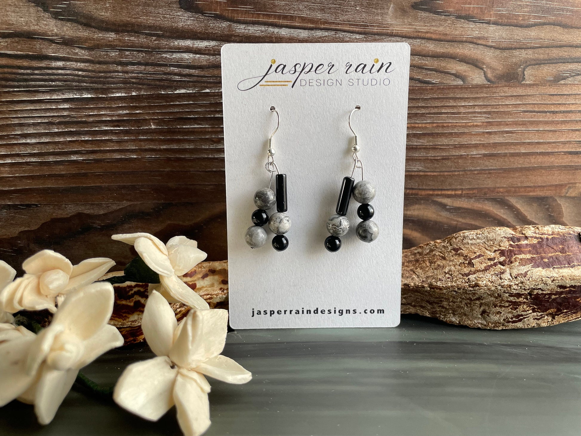 Silver Crazy Lace Agate and Black Onyx drop earrings