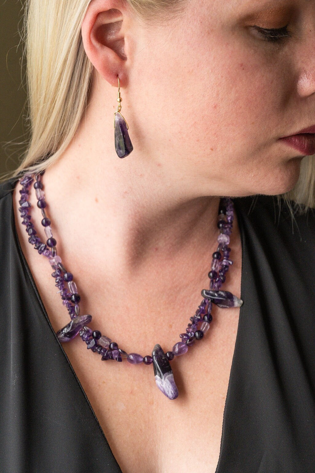 Handmade natural Amethyst gemstone necklace and earrings set -ONE-OF-A-KIND