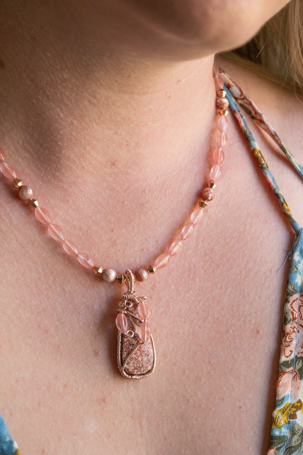 Wire-wrapped rhodochrosite pendant necklace- ONE-OF-A-KIND