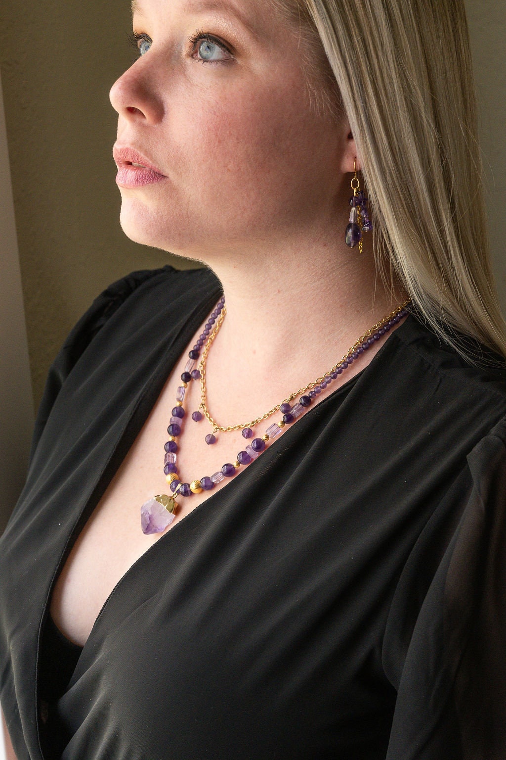 Natural Amethyst crystal layered druzy pendant necklace/handmade/ February Birthstone