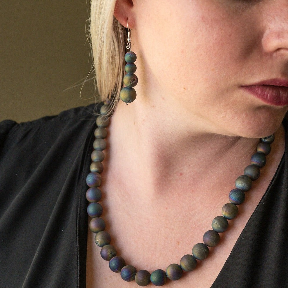 Stunning rainbow druzy necklace, big bold beads with crystals