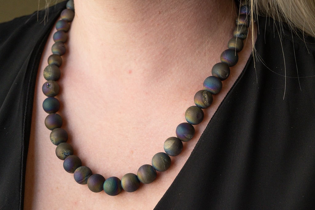 Stunning rainbow druzy necklace, big bold beads with crystals