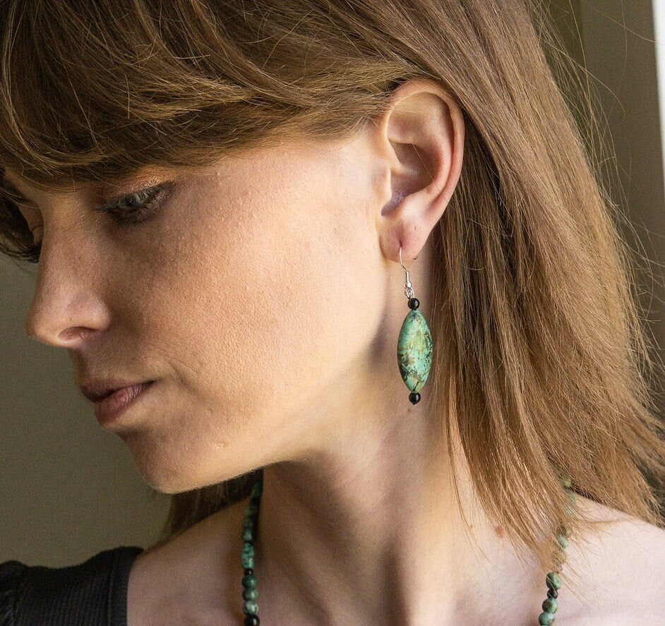Handmade African Turquoise and black onyx drop earrings
