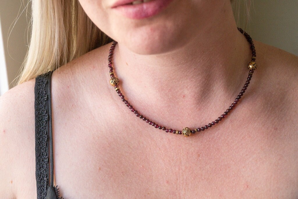 Natural Garnet and gold rose beaded necklace. Simple, lovely & can be used for layering, too. Handmade.