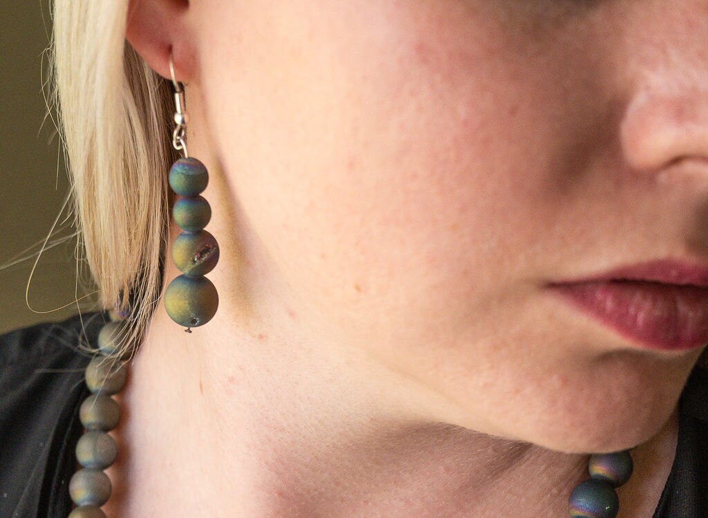 Rainbow druzy gemstone earrings. Bold and beautiful handmade drop earrings.