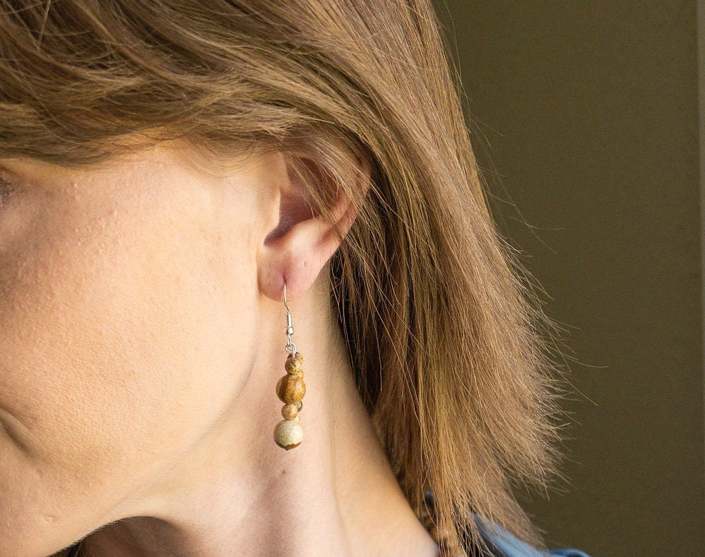Natural Picture Jasper gemstone earrings, handmade dangle earrings, silver plated earring wire