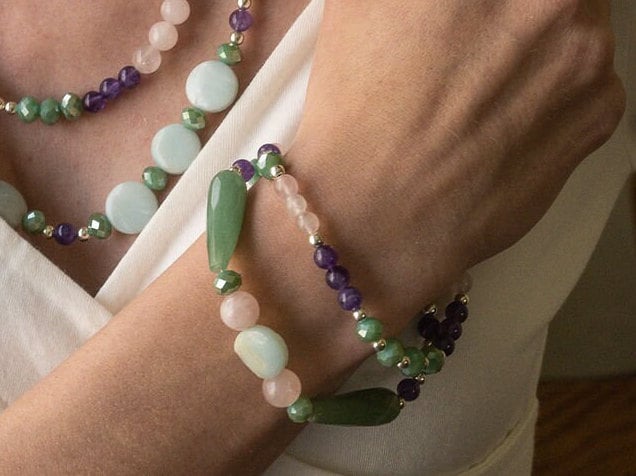 Bracelet featuring Amazonite, Crystal, Amethyst, Jade and Rose quartz
