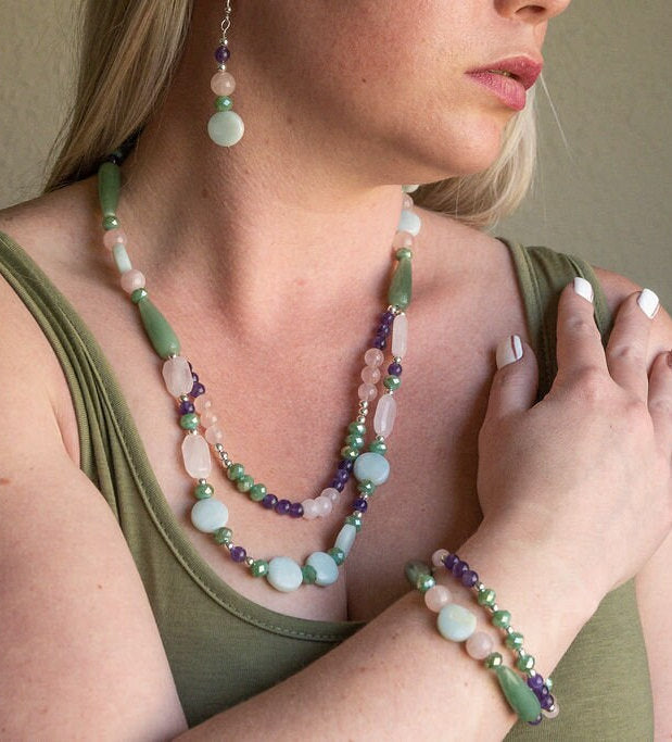 Bracelet featuring Amazonite, Crystal, Amethyst, Jade and Rose quartz