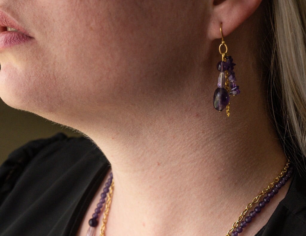 Natural amethyst and gold chain dangle earrings