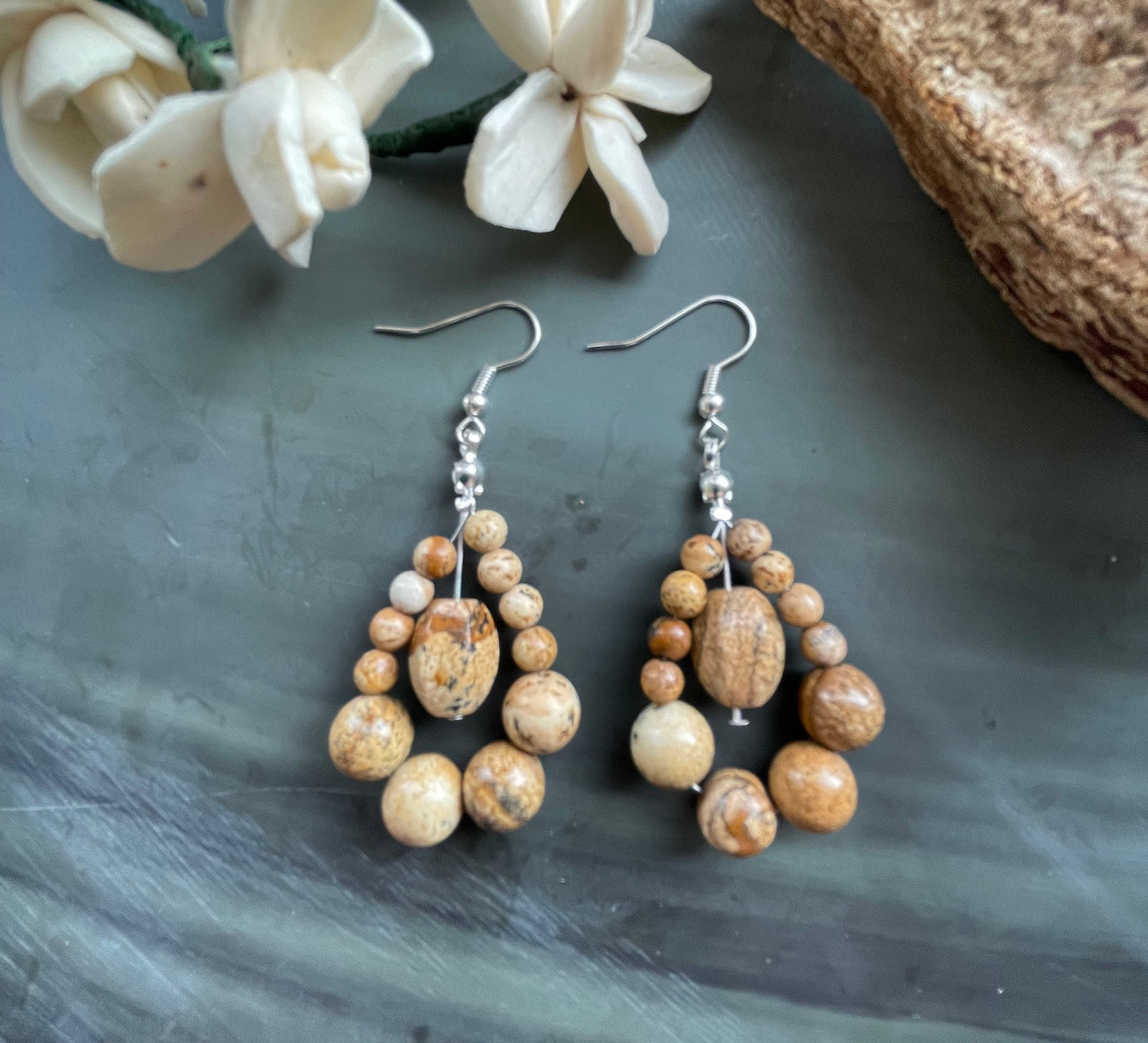 Natural Picture Jasper gemstone loop earrings, handmade drop earrings, silver plated earring wires