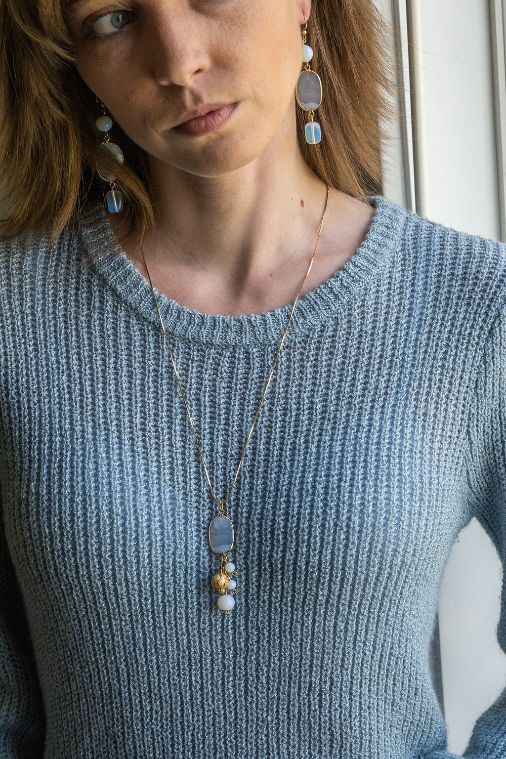 Handmade Chalcedony quartz gold pendant necklace with 18k gold plated beads and Oplalite beads