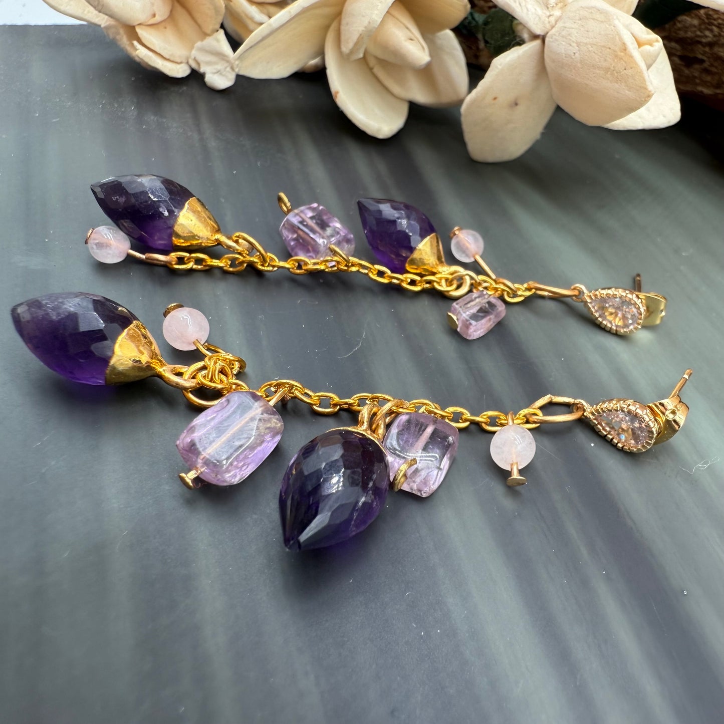 Amethyst and rose quartz dangle chain earrings