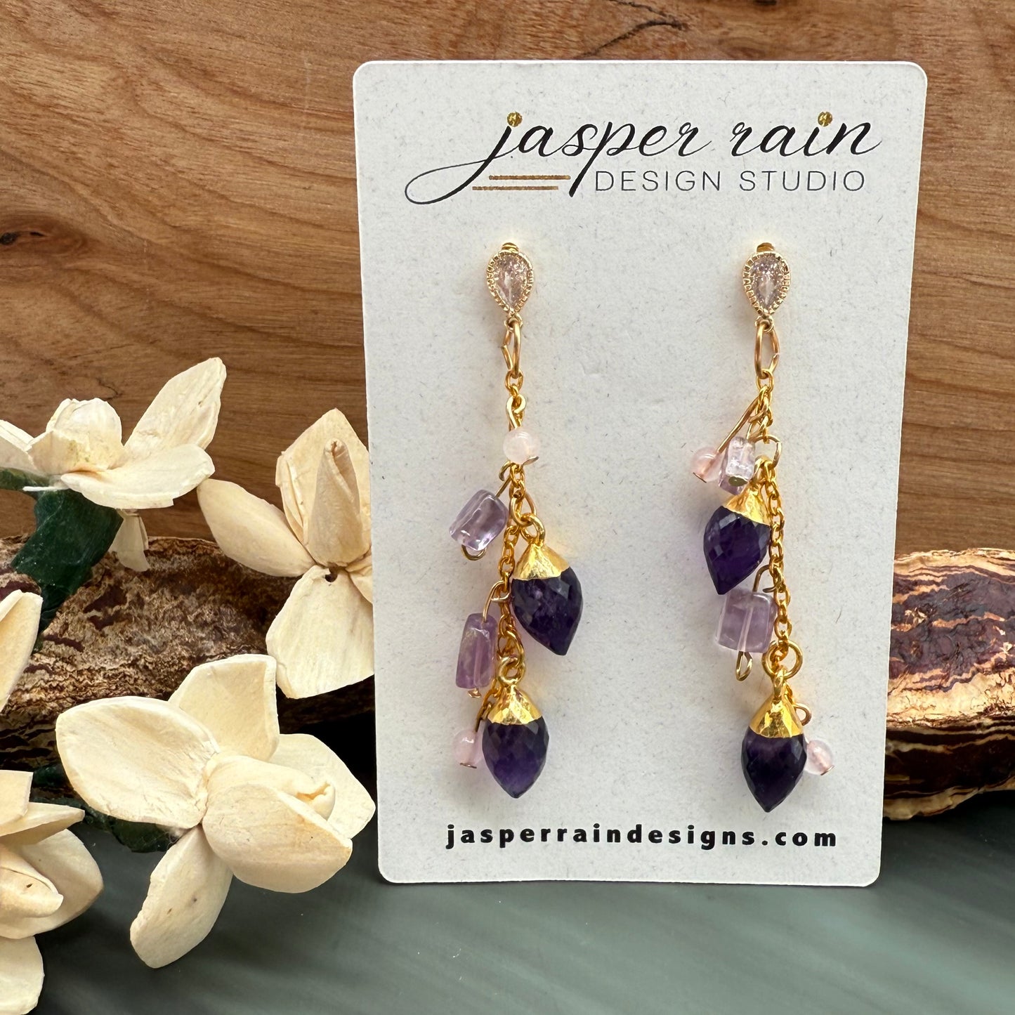 Amethyst and rose quartz dangle chain earrings